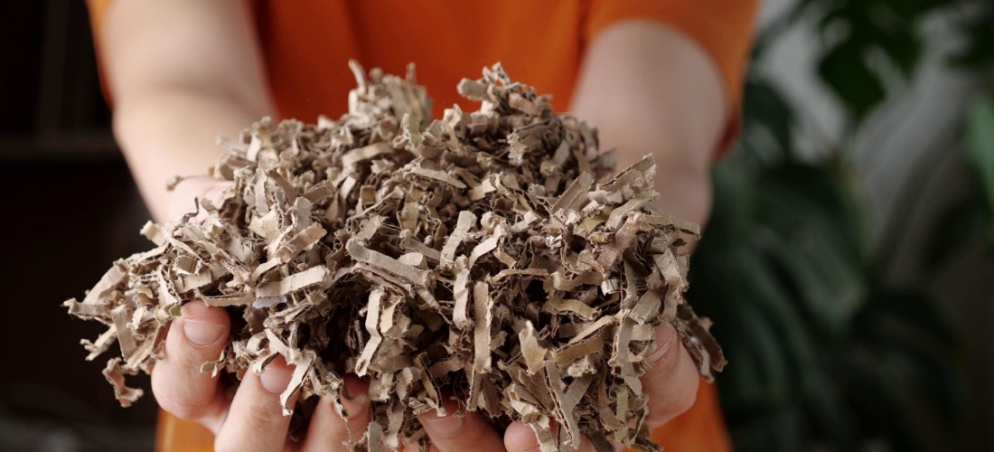 Mujer sostiene con las manos trazas de cartón roto